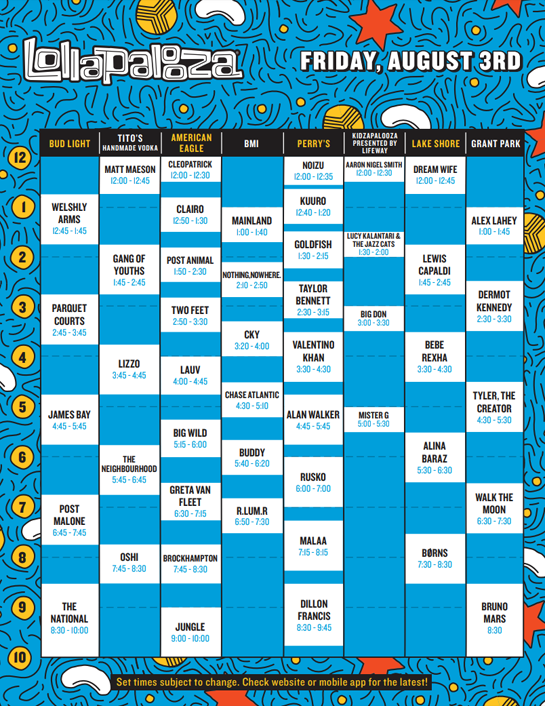 The Lollapalooza schedule for Thursday The Lollapalooza schedule for Friday