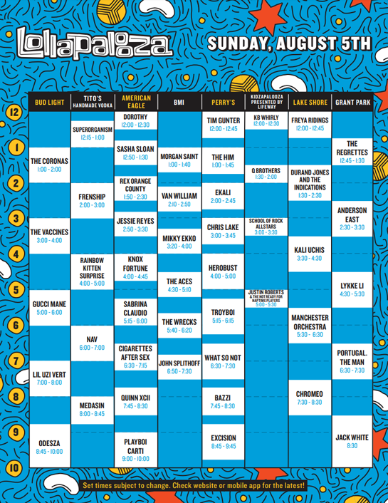 The Lollapalooza schedule for Sunday The Lollapalooza schedule for Sunday